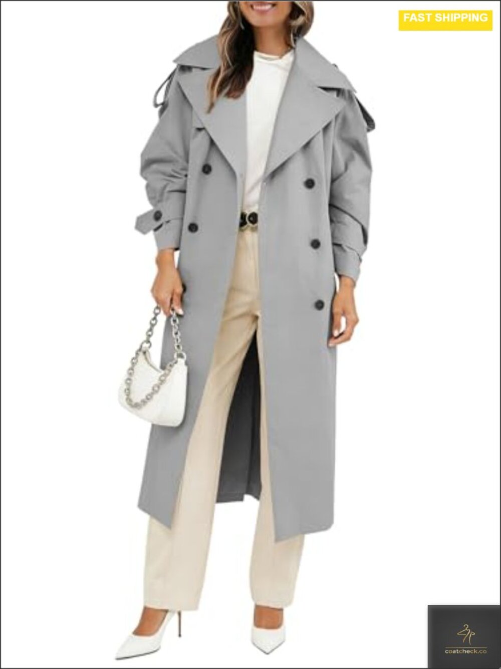 Oversized Long Trench Coat with Belt, Double Breasted, Windproof Polyester